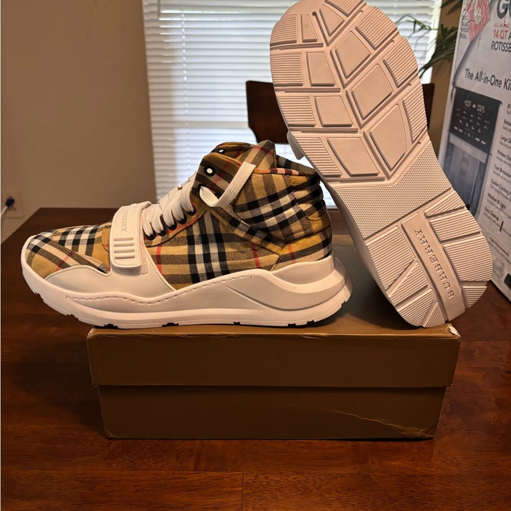 Burberry Plaid High-Top Sneakers - Beige and Black - Picture 6 of 8